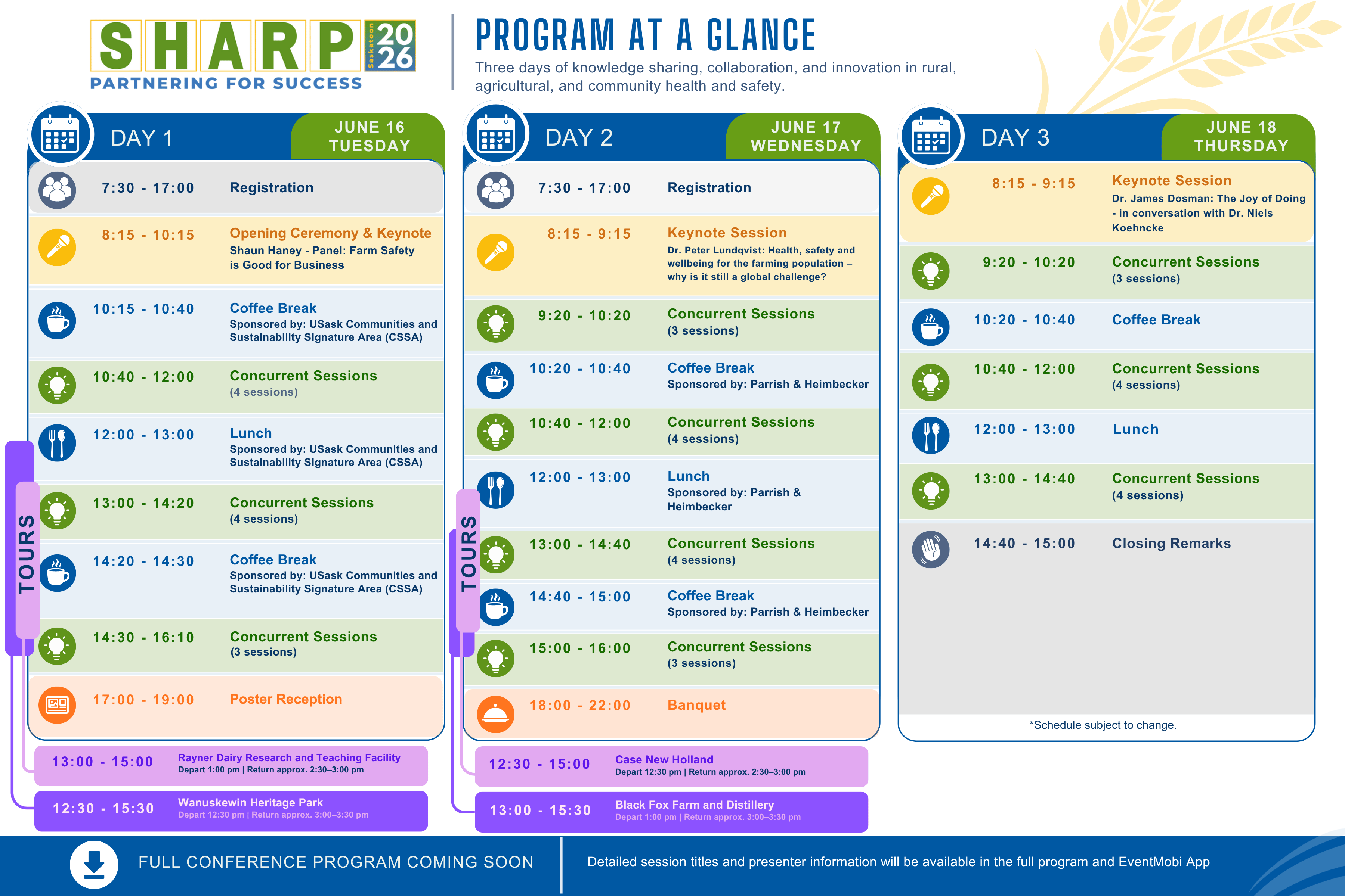SHARP 2026 preliminary program at a glance showing the three-day symposium schedule for June 16 to 18, including registration, keynote sessions, concurrent sessions, tours, poster reception, banquet, and closing remarks.